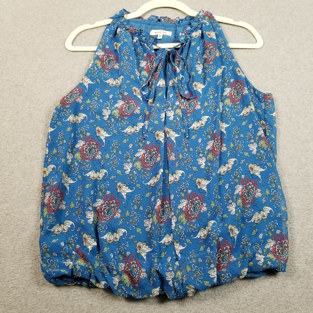 Max Studio Blouse Womens M Medium Blue Floral Tie Neck Sleeveless Bubble Hem Top